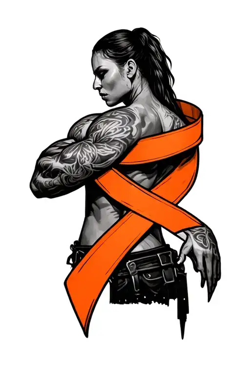 cancer survivor with orange cancer ribbon wrapped tightly tattoo design idea
