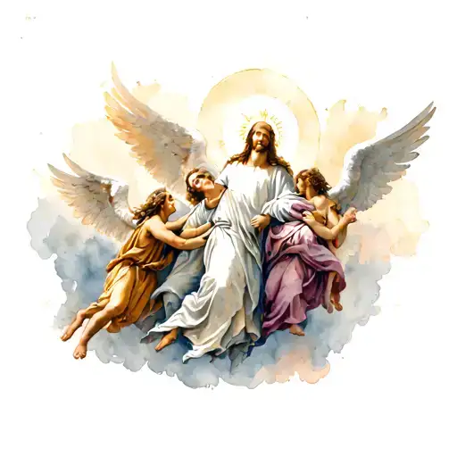 st. micheal with 3 angels fighting demons tattoo design idea