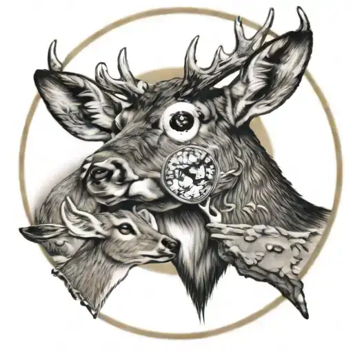 three connected deer in front of a moon cookie  with a bite out of the edge  tattoo design idea
