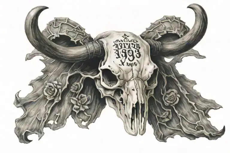 longhorn skull with 1993 written inside tattoo design idea