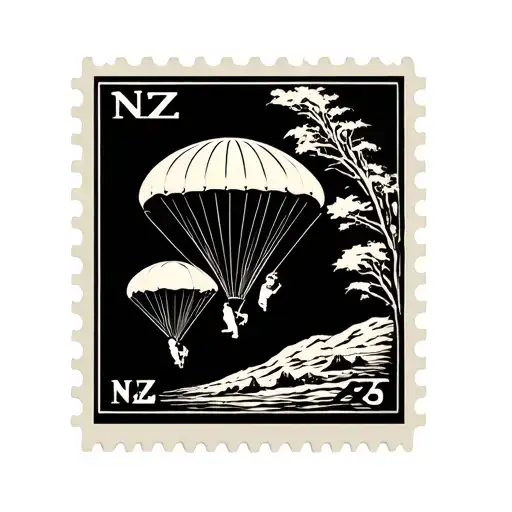 poststamp with NZ and two people parachuting inside the post stamp tattoo design idea