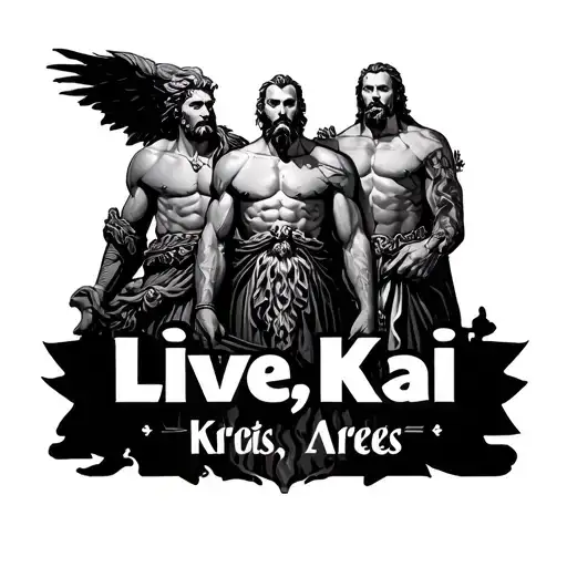 "Live, Kai" word. background is zeus god, atlas god, kratos god & ares god tattoo design idea