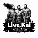 "Live, Kai" word. background is zeus god, atlas god, kratos god & ares god tattoo design idea