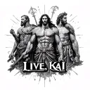 "Live, Kai" word. background is zeus god, atlas god, kratos god & ares god tattoo design idea
