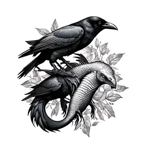 dark art tattoo with Fiji mermaid and crows that will be for a lower arm sleeve tattoo design idea