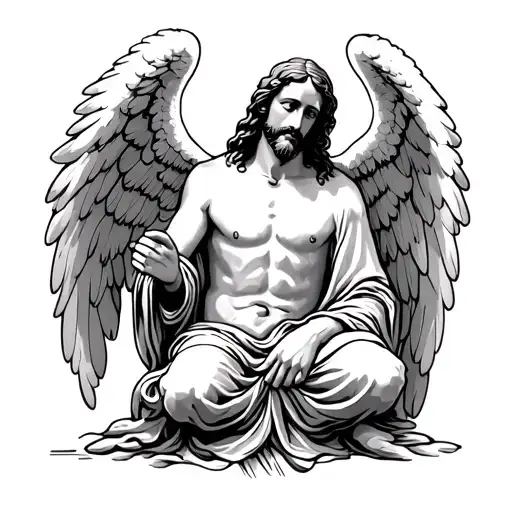 Jesus kneeling with angel wings tattoo design idea