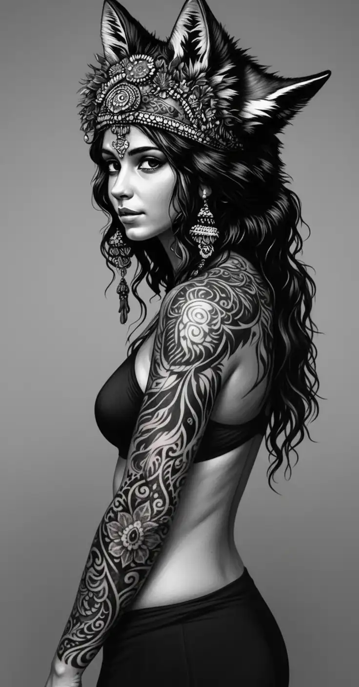 Romani Gypsy girl with fox headdress being worn with the whol fix body tattoo design idea