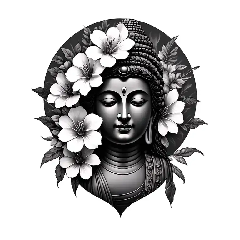 lady Buddha and flor de maga flowers tattoo design idea