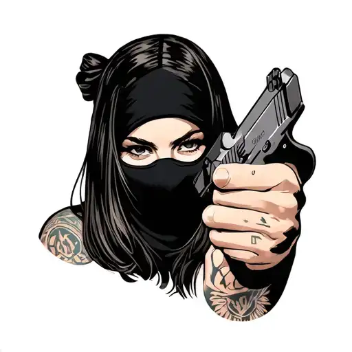 girl pointing a glock at her head wearing a ski mask tattoo design idea