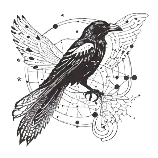 black raven with an abstract Arcturus constellation behind the raven, designed to go on the the left pectoral  tattoo design idea