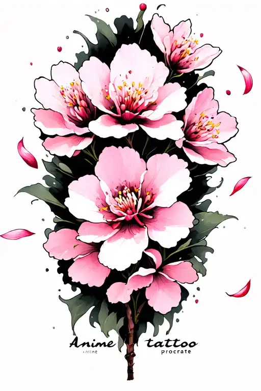“A single delicate sakura (cherry blossom) flower with falling petals, in soft pink ink. Underneath the flower, the word tattoo design idea