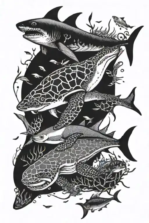 shark and turtle, octopus, many small fish tattoo design idea