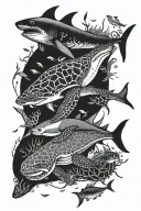 shark and turtle, octopus, many small fish tattoo design idea