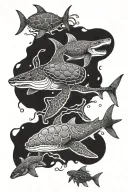 shark and turtle, octopus, many small fish tattoo design idea