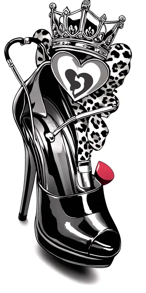  high heels a heart with a caution sign lipstick a crown on a large black leopard sleeve a stethoscope gemini sign as tattoo design idea