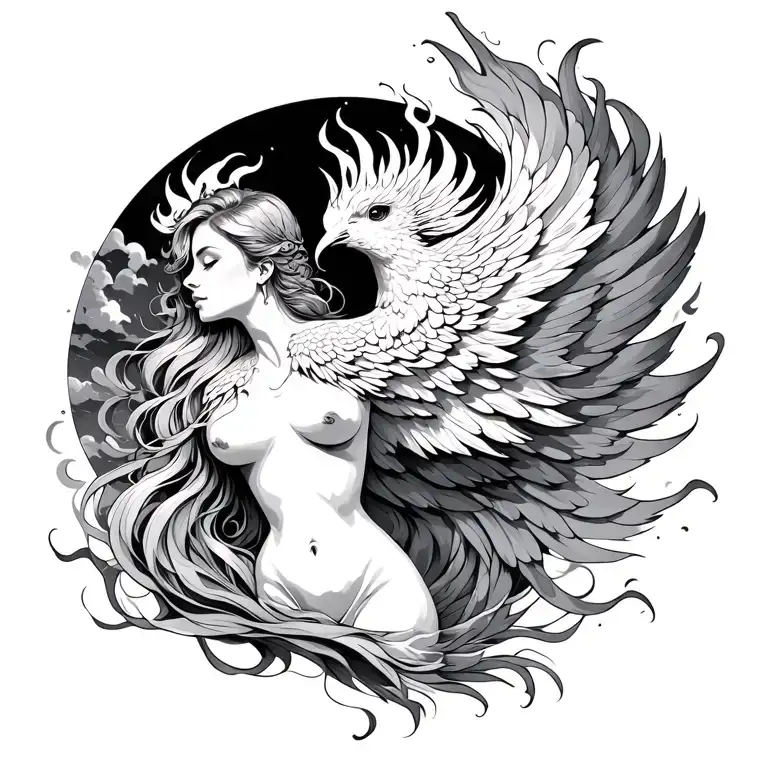 beautiful woman with full body, feminine curves, transforming into a phoenix of flame rising into the sky tattoo design idea