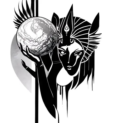 abstract tatoo of the goddesses sekhmet holding a marble galexy tattoo design idea