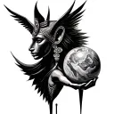 abstract tatoo of the goddesses sekhmet holding a marble galexy tattoo design idea