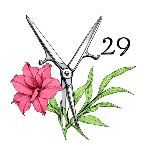 a large pair of tailor's scissors with a gladiolus flower, and the number 29 integrated into the design. tattoo design idea