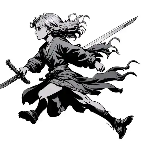 little girl running with sword in her hand. she is in profile and brave. she has light hair and the aesthetic is whimsy tattoo design idea