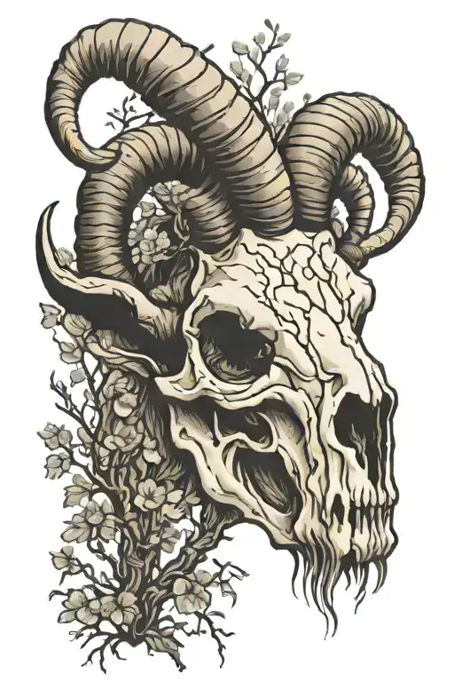 Aries Ram skull with willow trees looking through lens tattoo design idea