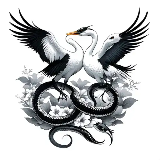 Cranes and snake full arm Sleeve Japanese style tattoo design idea