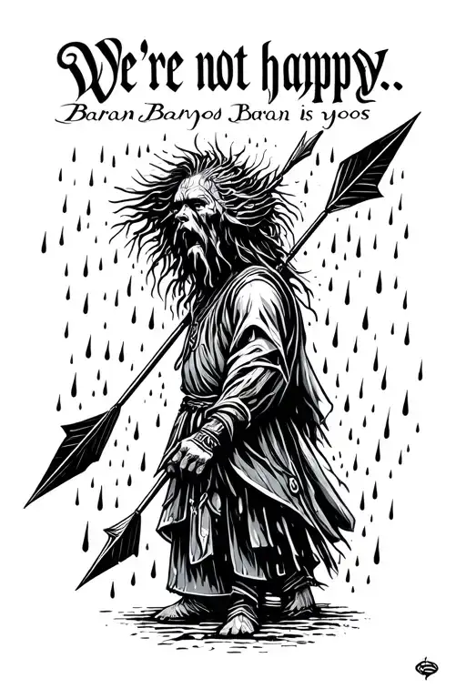 "We're not happy. Baran is yos." Bow war arrow and English text with rain head in one line tattoo design idea