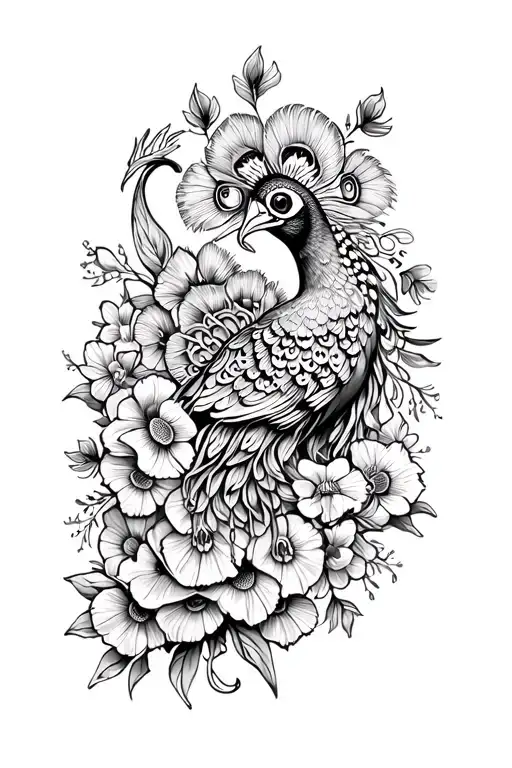 black and white peacock mandala for upper arm with poppies, daffodils, and orchids clustered around it  tattoo design idea