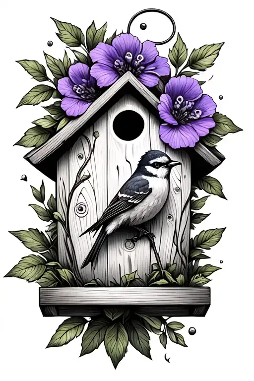 fine line tattoo design combining birdhouse with violet flower sketch tattoo design idea