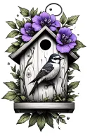 fine line tattoo design combining birdhouse with violet flower sketch tattoo design idea