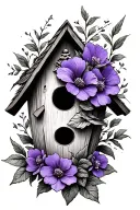 fine line tattoo design combining birdhouse with violet flower sketch tattoo design idea