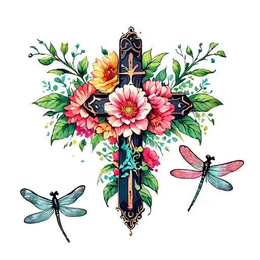 Cross Surrounded By Flowers & Dragonflies Following Eachother Tattoo tattoo design idea