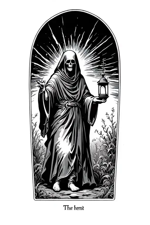 ThThe hermit tarot walking sideways in darkness holding lantern emitting light. Skull face cloaked in hood tattoo design idea