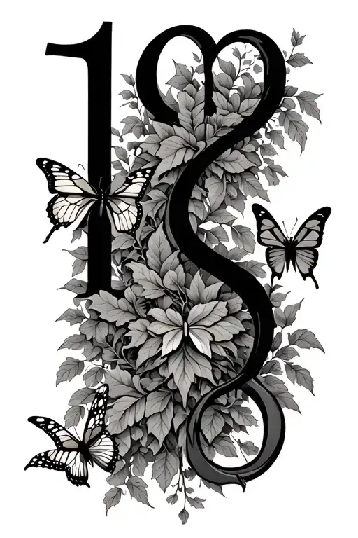 Bold Gothic 1998 as the centerpiece, Leafy, prominent vines wrapping around, intertwining with the numbers, butterflies tattoo design idea