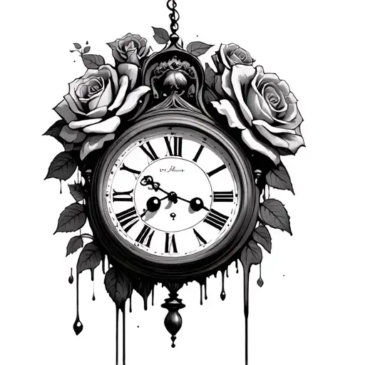 melting grandfather clock with face and roses growing inside the clock tattoo design idea