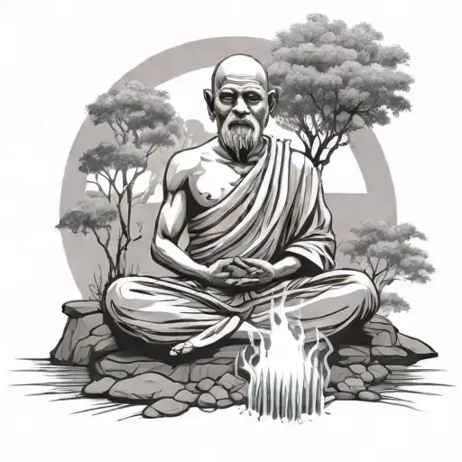 A serene scene of a meditating Jain monk surrounded by nature elements tattoo design idea