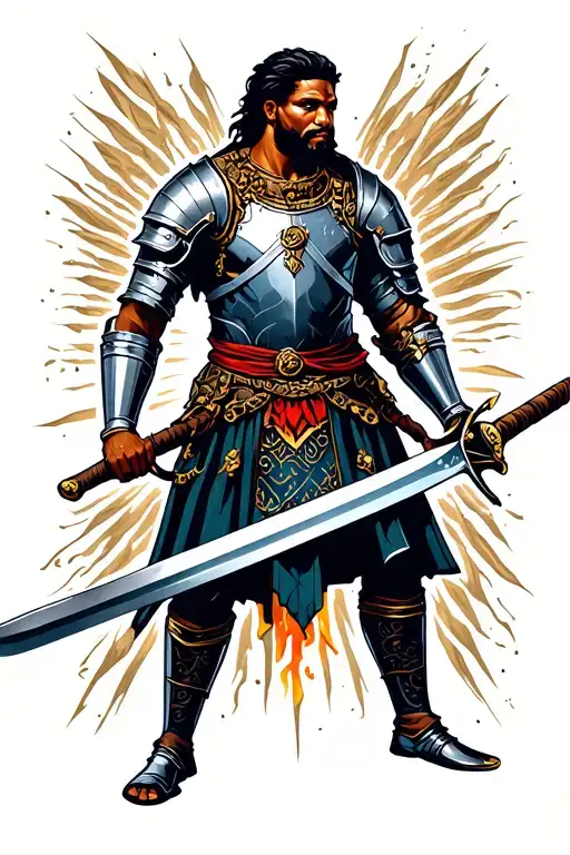 Black man wielding sword with armor tattoo design idea