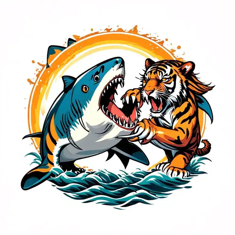 tiger fighting a shark tattoo design idea