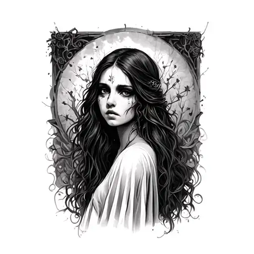 A solemn, mysterious feminine figure—guardian of forgotten places and memories. She embodies sorrow, stillness, tattoo design idea