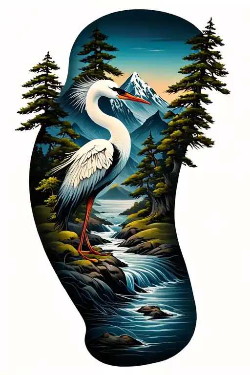 Mountian, flowing river, pine trees, crane tattoo design idea