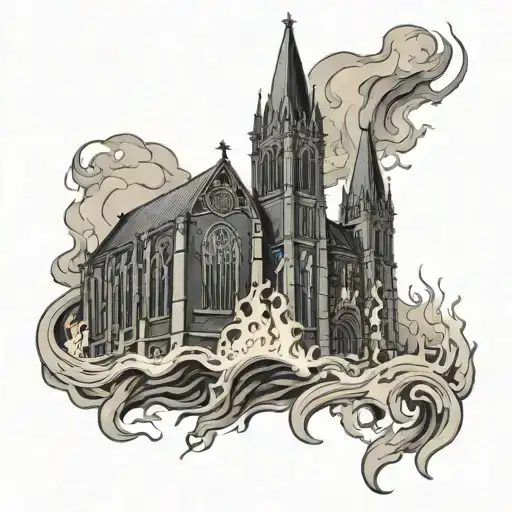 gothic church on fire in hell color tattoo design idea