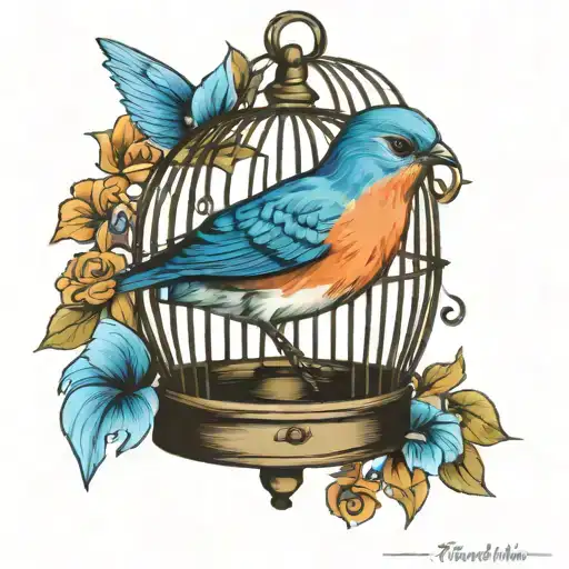 bluebird in a little vintage cage tattoo design idea