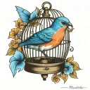 bluebird in a little vintage cage tattoo design idea