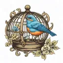 bluebird in a little vintage cage tattoo design idea