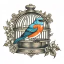 bluebird in a little vintage cage tattoo design idea