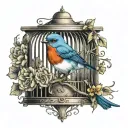 bluebird in a little vintage cage tattoo design idea