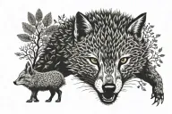 illustrative german forest animals(like hedgehog, lynx etc.) in a magic forest tattoo design idea