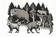 illustrative german forest animals(like hedgehog, lynx etc.) in a magic forest tattoo design idea