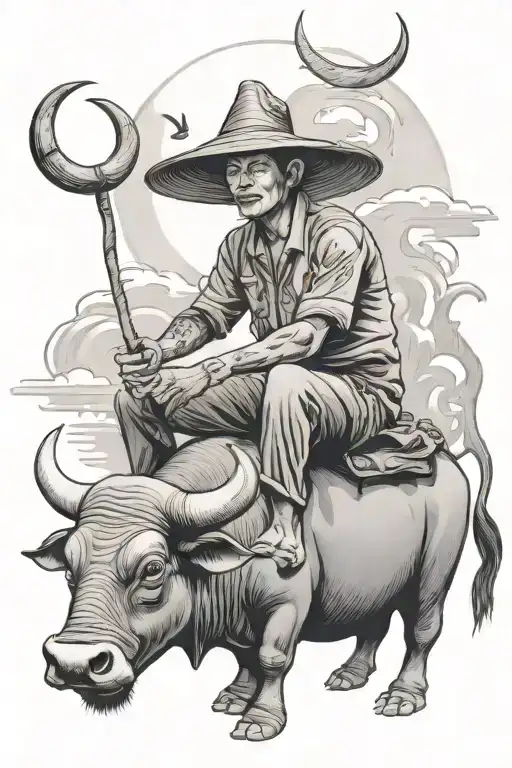 Vietnamese farmer in traditional triangle hat sitting on a water buffalo with big horns tattoo design idea
