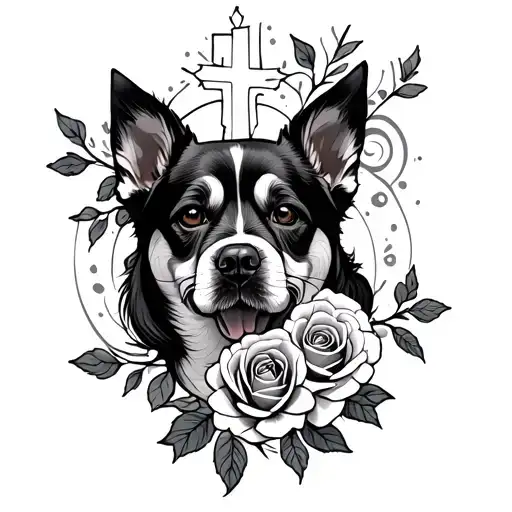 roses,vines,cross and dog spirit animal tattoo design idea